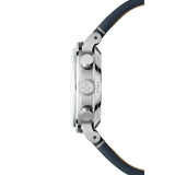 Raymond Weil Millesime Tri-Compax Chronograph vista laterale cassa acciaio spazzolato, corona RW e pulsanti cronografo 7765-STC-50651