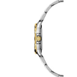 Raymond Weil Tango Classic vista laterale cassa bicolore acciaio e oro con corona logo RW dettaglio profilo 5960-STP-00995