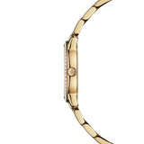Raymond Weil Toccata Classic vista laterale cassa PVD oro giallo con lunetta diamanti e corona monogramma RW 5024-PS-97081