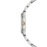 Raymond Weil Toccata Classic vista laterale cassa acciaio con lunetta diamanti e corona dorata con monogramma RW 5024-SPS-97081