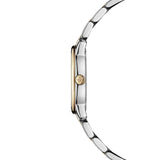 Raymond Weil Toccata Classic vista laterale cassa acciaio con lunetta oro giallo e corona con monogramma RW 5024-STP-97081