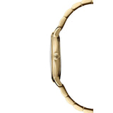 Raymond Weil Toccata Classic vista laterale cassa PVD oro giallo con corona monogramma RW e profilo sottile 5485-P-00359