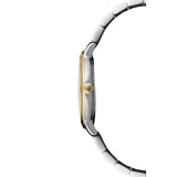 Raymond Weil Toccata Classic vista laterale cassa bicolore acciaio e PVD oro con corona monogramma RW 5485-STP-00359