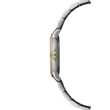 Raymond Weil Toccata Classic vista laterale cassa bicolore acciaio e oro giallo con corona logo RW 5985-STP-97081
