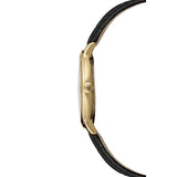 Raymond Weil Toccata Classic vista laterale cassa PVD oro giallo corona con monogramma RW cinturino pelle alligatore nero 5485-PC-00359