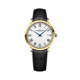 Raymond Weil Toccata Classic orologio uomo quadrante bianco numeri romani lancette blu cassa PVD oro cinturino pelle nera 5485-PC-00359