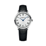 Raymond Weil Toccata Classic orologio uomo quadrante bianco numeri romani lancette blu cinturino pelle nera 5485-STC-00359