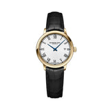 Raymond Weil Toccata Classic orologio donna quadrante bianco numeri romani cassa PVD oro cinturino pelle nera 5985-PC-00359