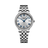 Raymond Weil Toccata Classic donna quadrante argento soleil numeri romani blu, lunetta diamanti bracciale acciaio 5385-STS-00653