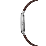 Raymond Weil Toccata Classic vista laterale cassa acciaio sottile con corona logo RW e cinturino pelle marrone 5485-SL5-65001