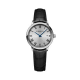 Raymond Weil Toccata Classic orologio donna quadrante argento numeri romani lancette blu cinturino pelle nera 5985-STC-00659