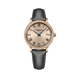 Raymond Weil Toccata Classic donna quadrante rosé con numeri romani, lunetta diamanti e cinturino grigio in raso 5385-C5S-00859