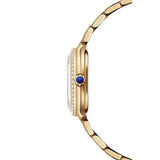Raymond Weil Toccata Heritage dettaglio profilo cassa PVD oro giallo con diamanti e corona laccata blu 5250-PS-00650
