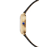 Raymond Weil Toccata Heritage vista laterale cassa oro giallo PVD corona con cabochon blu cinturino pelle nera 5250-PC-97001