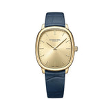 Raymond Weil Toccata Heritage orologio quadrante dorato soleil cassa ovale PVD oro cinturino pelle blu 2280-PC-10001