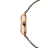Raymond Weil Toccata Heritage vista laterale cassa oro rosa PVD dettaglio corona con cabochon blu cinturino pelle grigio 5250-PC5-64001