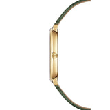 Raymond Weil Toccata Heritage vista laterale cassa PVD oro giallo corona scanalata monogramma RW cinturino verde 5280-PC-64001