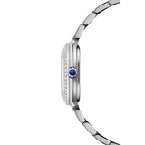 Raymond Weil Toccata Heritage vista laterale dettaglio corona laccata blu e lunetta con diamanti in acciaio 5250-STS-20001