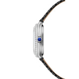 Raymond Weil Toccata Heritage vista laterale cassa acciaio con diamanti e corona blu, cinturino pelle nera 5250-SCS-20001