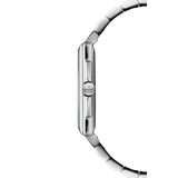 Raymond Weil Toccata Square vista laterale cassa acciaio con corona incisa logo RW e bracciale lucido 5425-ST-00300