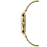 Raymond Weil Toccata Square vista laterale cassa oro giallo dettaglio corona firmata RW e profilo sottile 5925-P-00300