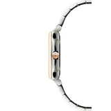 Raymond Weil Toccata Square vista laterale cassa acciaio con corona RW placcata oro rosa e profilo sottile 5925-SP5-00300