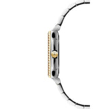 Raymond Weil Toccata Square vista laterale cassa acciaio con lunetta diamanti e corona dorata con logo RW 5925-SPS-00995