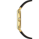Raymond Weil Toccata Square vista laterale cassa PVD oro giallo con corona logo RW e cinturino pelle nera 5425-PC-00300