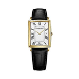 Raymond Weil Toccata Square orologio uomo cassa rettangolare PVD oro giallo quadrante bianco numeri romani cinturino pelle nera 5425-PC-00300
