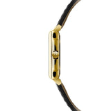 Raymond Weil Toccata Square vista laterale cassa PVD oro giallo con corona firmata RW e cinturino pelle nera 5925-PC-00300