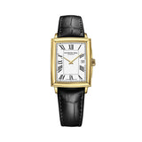 Raymond Weil Toccata Square orologio donna cassa rettangolare PVD oro giallo quadrante bianco numeri romani cinturino pelle nero 5925-PC-00300