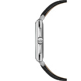 Raymond Weil Toccata Square vista laterale cassa acciaio con corona incisa logo RW e cinturino pelle nera 5425-STC-00300