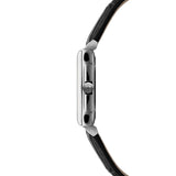 Raymond Weil Toccata Square vista laterale cassa acciaio sottile con corona firmata RW e cinturino pelle nera 5925-STC-00300