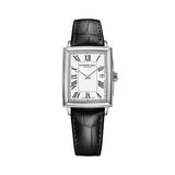 Raymond Weil Toccata Square orologio donna cassa rettangolare acciaio quadrante bianco numeri romani cinturino pelle nero 5925-STC-00300