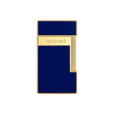 St Dupont Accendino Slimmy Laccato blu con finiture dorate, vista frontale con logo inciso sul corpo 28225