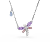 Swarovski Collana Ariana Grande pendente libellula cristalli viola rosa azzurro con perla e zirconi su catena rodiata 5737383