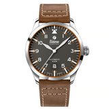Tutima Grand Flieger Automatic quadrante grigio gunmetal con cinturino pelle marrone, indici arabi e datario 6105-03
