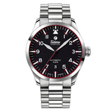 Tutima Grand Flieger Automatic quadrante nero velluto con bracciale acciaio, indici arabi e bastoni luminosi 6105-02
