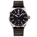 Tutima Grand Flieger Automatic quadrante nero velluto con numeri arabi, cinturino pelle nera cuciture rosse 6105-01