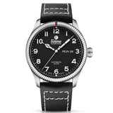 Tutima Grand Flieger Classic orologio automatico quadrante nero velluto cinturino pelle nera cuciture bianche 6108-01