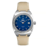 Tutima Saxon One Lady S quadrante blu con ghiera diamanti, cinturino pelle beige e indici a bastoni 6703-04