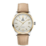 Tutima Sky orologio donna automatico quadrante bianco opalino con rilievo esagonale, lunetta oro 18kt e cinturino pelle beige 6705-21