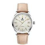 Tutima Sky orologio donna automatico quadrante opal white con rilievo esagonale, cinturino pelle rosa, indici dorati 6705-01