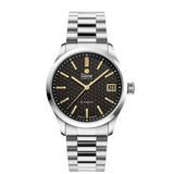 Tutima Sky orologio donna automatico quadrante nero con décor esagonale, indici a bastoni dorati, bracciale acciaio 6705-10