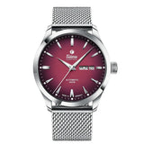 Tutima Sky orologio automatico quadrante rosso dégradé con bracciale milanese acciaio, indici a bastoni e day-date 6105-26