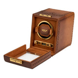 Wolf 1834 Brogue Single dettaglio cassetto aperto e lavorazione brogue in pelle marrone con finiture ottone anticato 440106