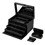 Wolf 1834 Porta Gioie Lauren Large set completo con custodia da viaggio e pochette in pelle nera, cassetti aperti 349802