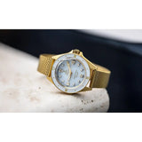 Yema Navygraf Marine Nationale Femme vista laterale quadrante madreperla bianca bracciale maglia milanese IP-bronzo YMHF1592MN-BM