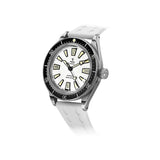 Yema Skin Diver Slim Full Lume CMM.20 vista laterale cassa acciaio spazzolato con corona a vite e cinturino bianco 12.26.20.67.SNL.U7