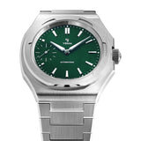 Yema Wristmaster Slim Small Seconds CMM.29 primo piano quadrante verde con lancette Dauphine e Super-LumiNova 76.26.29.04.SN.M